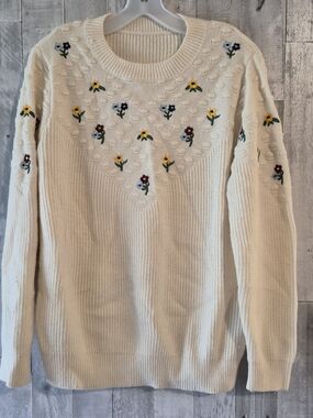 Soft Cream Vintage Cottagecore Embroidered Women’s Cozy Long Sleeve Sweater